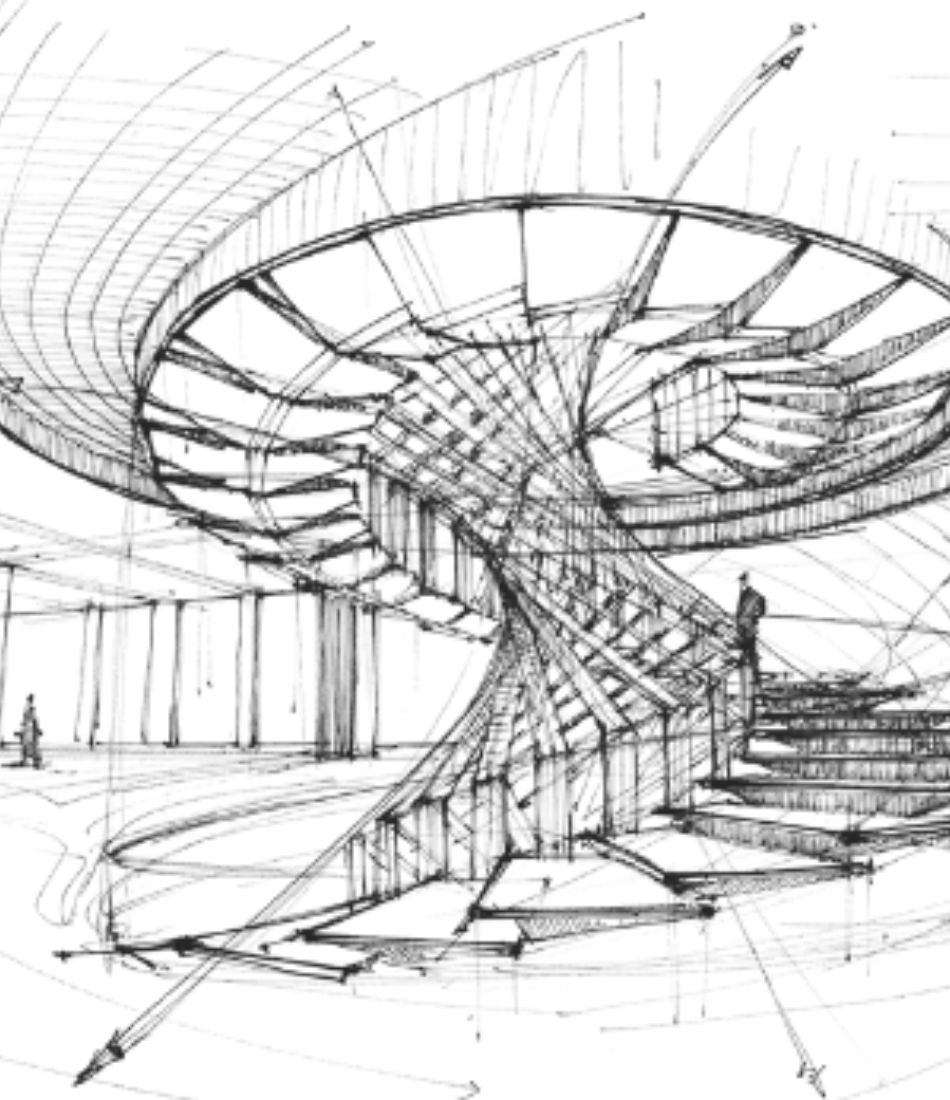 Escalier central du chai gravitaire de Château Plain Point, conçu par Olivier Chadebost